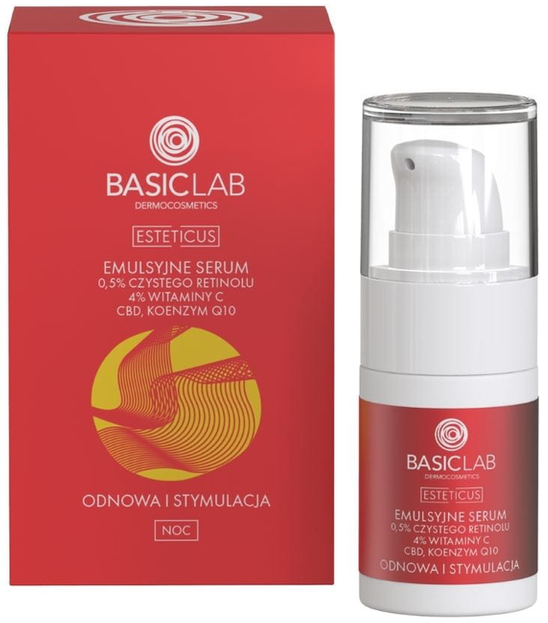 BasicLab Emulsyjne serum z 0,5% czystego retinolu, 4% witaminy C, CBD i koenzymem Q10 Odnowa i stymulacja 15ml